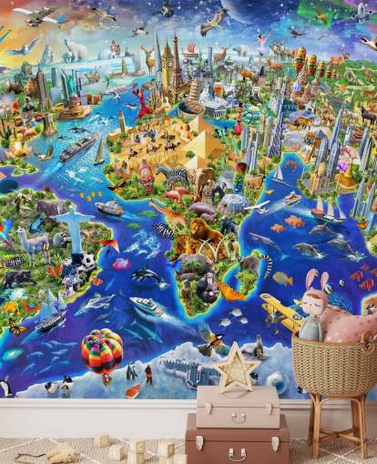 colorido mural de papel pintado con mapas infantiles personalizado llamado Crazy World de Adrian Chesterman para dormitorios de niños, salas de juegos y escuelas