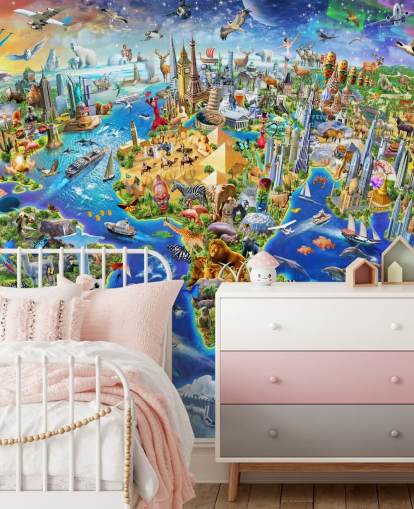 mural colorido de papel de parede de mapas infantis personalizado chamado Crazy World, de Adrian Chesterman, para quartos infantis, salas de jogos e escolas mural colorido de papel de parede de mapas infantis personalizado chamado Crazy World, de Adrian Chesterman, para quartos infantis, salas de jogos e escolas