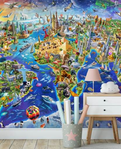 colourful custom kids map wallpaper mural called Crazy World by Adrian Chesterman for kid's bedrooms, playrooms and schools