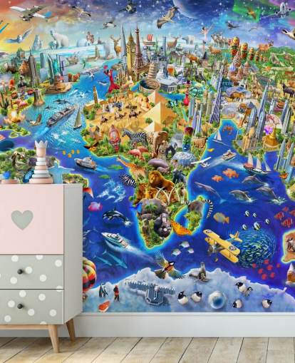 carta da parati murale colorata personalizzata per bambini chiamata Crazy World di Adrian Chesterman per camerette, sale giochi e scuole