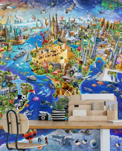 farbenfrohe individuelle Kinderkarten-Tapete namens Crazy World von Adrian Chesterman für Kinderzimmer, Spielzimmer und Schulen