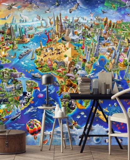 colorful custom kids map wallpaper mural called Crazy World by Adrian Chesterman for kid's bedrooms, playrooms and schools