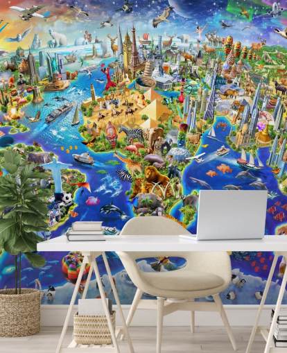 carta da parati murale colorata personalizzata per bambini chiamata Crazy World di Adrian Chesterman per camerette, sale giochi e scuole