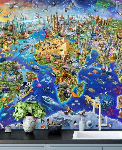 colorido mural de papel pintado con mapas infantiles personalizado llamado Crazy World de Adrian Chesterman para dormitorios de niños, salas de juegos y escuelas