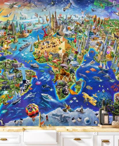 colorful custom kids map wallpaper mural called Crazy World by Adrian Chesterman for kid's bedrooms, playrooms and schools