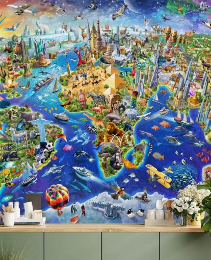 farbenfrohe individuelle Kinderkarten-Tapete namens Crazy World von Adrian Chesterman für Kinderzimmer, Spielzimmer und Schulen