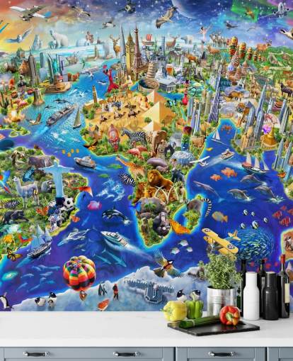 colorful custom kids map wallpaper mural called Crazy World by Adrian Chesterman for kid's bedrooms, playrooms and schools