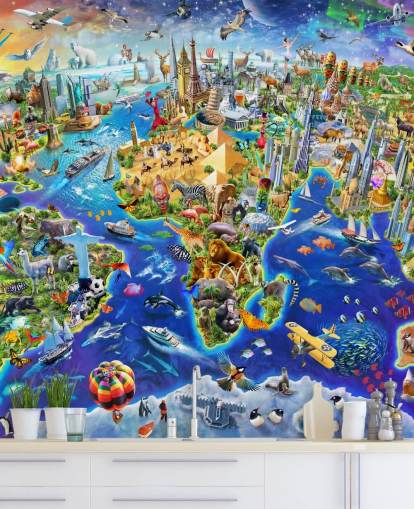 colorido mural de papel pintado con mapas infantiles personalizado llamado Crazy World de Adrian Chesterman para dormitorios de niños, salas de juegos y escuelas