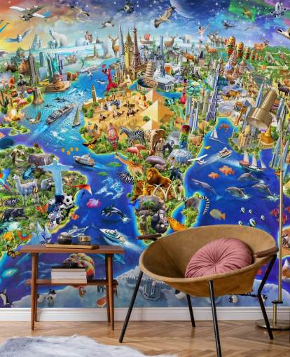 colorful custom kids map wallpaper mural called Crazy World by Adrian Chesterman for kid's bedrooms, playrooms and schools