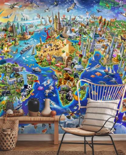 mural colorido de papel de parede de mapas infantis personalizado chamado Crazy World, de Adrian Chesterman, para quartos infantis, salas de jogos e escolas mural colorido de papel de parede de mapas infantis personalizado chamado Crazy World, de Adrian Chesterman, para quartos infantis, salas de jogos e escolas