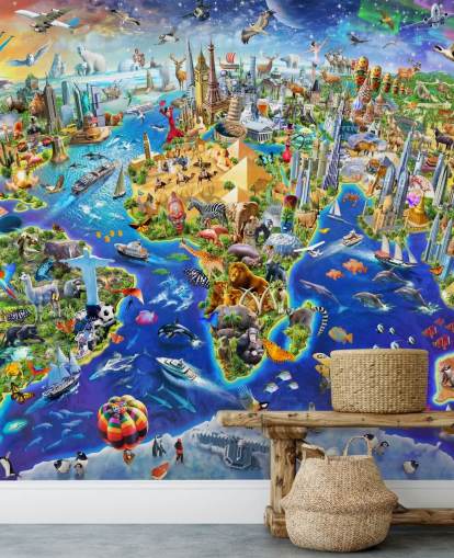 colorful custom kids map wallpaper mural called Crazy World by Adrian Chesterman for kid's bedrooms, playrooms and schools