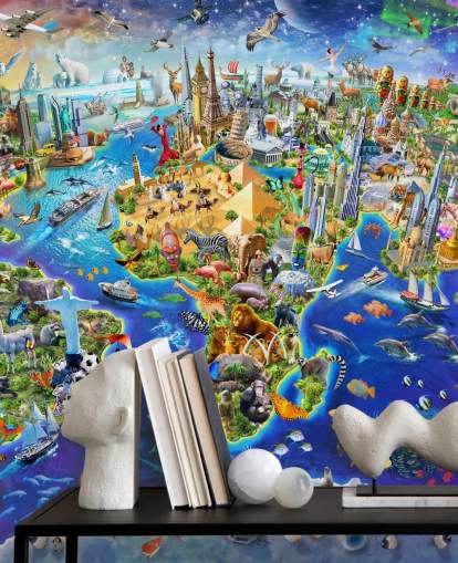 colorful custom kids map wallpaper mural called Crazy World by Adrian Chesterman for kid's bedrooms, playrooms and schools