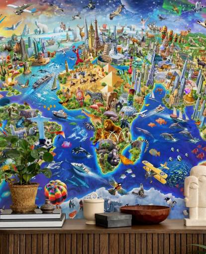 colorido mural de papel pintado con mapas infantiles personalizado llamado Crazy World de Adrian Chesterman para dormitorios de niños, salas de juegos y escuelas