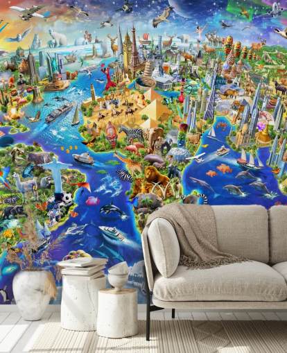 farbenfrohe individuelle Kinderkarten-Tapete namens Crazy World von Adrian Chesterman für Kinderzimmer, Spielzimmer und Schulen