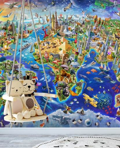 colorido mural de papel pintado con mapas infantiles personalizado llamado Crazy World de Adrian Chesterman para dormitorios de niños, salas de juegos y escuelas