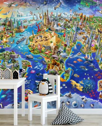 farbenfrohe individuelle Kinderkarten-Tapete namens Crazy World von Adrian Chesterman für Kinderzimmer, Spielzimmer und Schulen farbenfrohe individuelle Kinderkarten-Tapete namens Crazy World von Adrian Chesterman für Kinderzimmer, Spielzimmer und Schulen