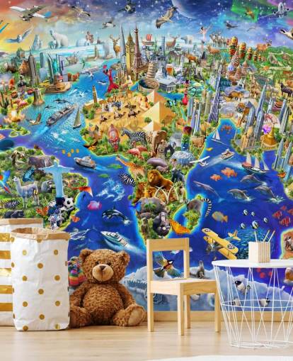 carta da parati murale colorata personalizzata per bambini chiamata Crazy World di Adrian Chesterman per camerette, sale giochi e scuole