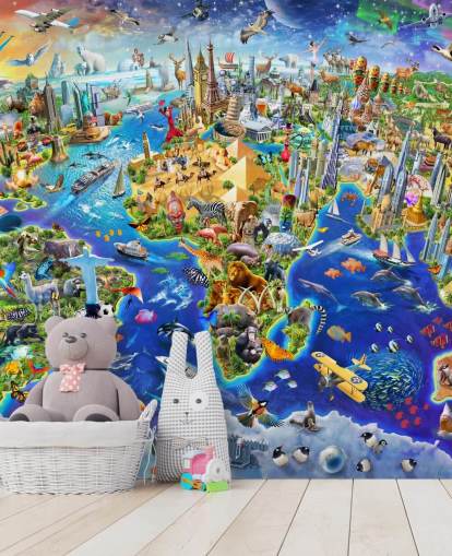 colourful custom kids map wallpaper mural called Crazy World by Adrian Chesterman for kid's bedrooms, playrooms and schools