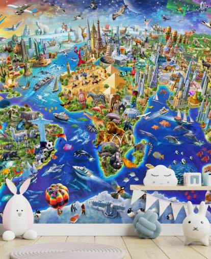 carta da parati murale colorata personalizzata per bambini chiamata Crazy World di Adrian Chesterman per camerette, sale giochi e scuole