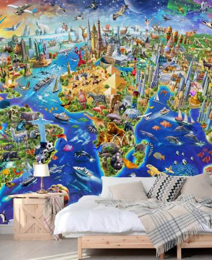 colourful custom kids map wallpaper mural called Crazy World by Adrian Chesterman for kid's bedrooms, playrooms and schools