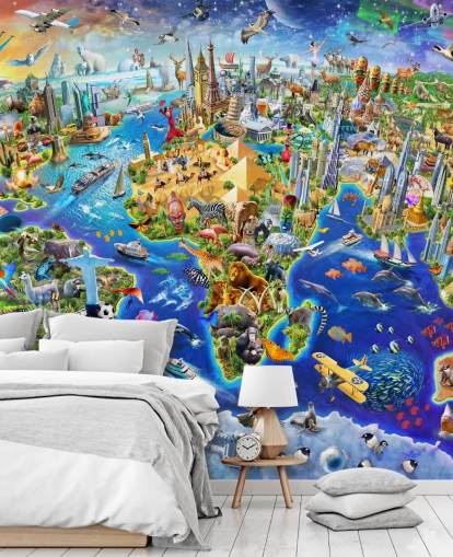 farbenfrohe individuelle Kinderkarten-Tapete namens Crazy World von Adrian Chesterman für Kinderzimmer, Spielzimmer und Schulen