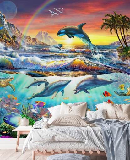 mural colorido de papel pintado oceánico para niños llamado Paradise Cove de Adrian Chesterman para dormitorios infantiles y salas de juegos