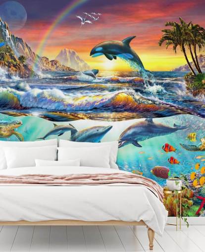 mural colorido de papel pintado oceánico para niños llamado Paradise Cove de Adrian Chesterman para dormitorios infantiles y salas de juegos