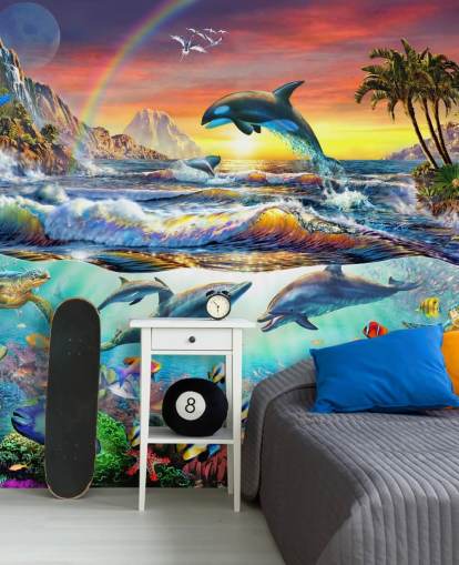 mural colorido de papel de parede oceânico infantil chamado Paradise Cove, de Adrian Chesterman, para quartos infantis e salas de jogos mural colorido de papel de parede oceânico infantil chamado Paradise Cove, de Adrian Chesterman, para quartos infantis e salas de jogos