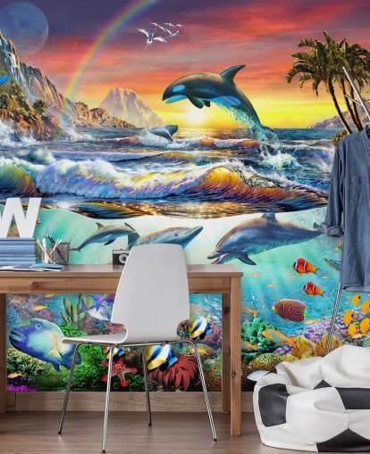 fargerikt barnetapetmaleri kalt Paradise Cove av Adrian Chesterman for barnerom og lekerom