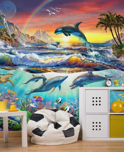 papier peint mural coloré pour enfants appelé Paradise Cove par Adrian Chesterman pour les chambres d'enfants et les salles de jeux