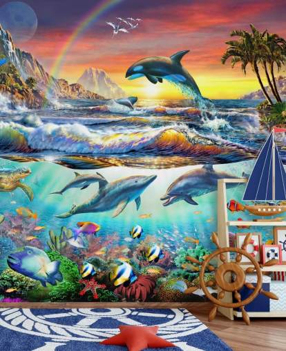 fargerikt barnetapetmaleri kalt Paradise Cove av Adrian Chesterman for barnerom og lekerom