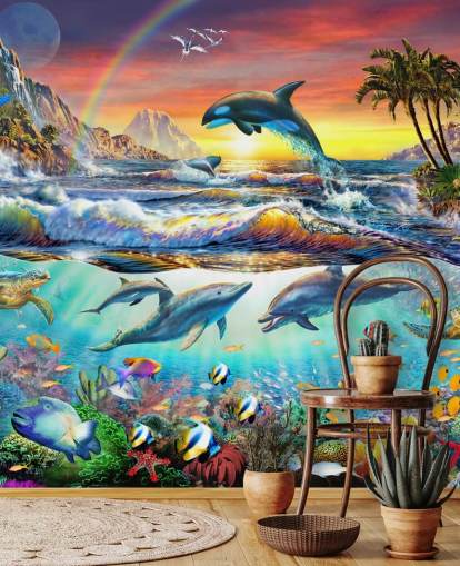 Buntes Ozean-Tapetengemälde für Kinder namens Paradise Cove von Adrian Chesterman für Kinder- und Spielzimmer Buntes Ozean-Tapetengemälde für Kinder namens Paradise Cove von Adrian Chesterman für Kinder- und Spielzimmer