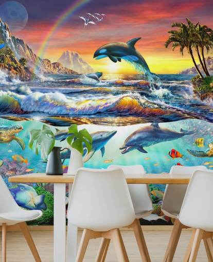 mural colorido de papel pintado oceánico para niños llamado Paradise Cove de Adrian Chesterman para dormitorios infantiles y salas de juegos