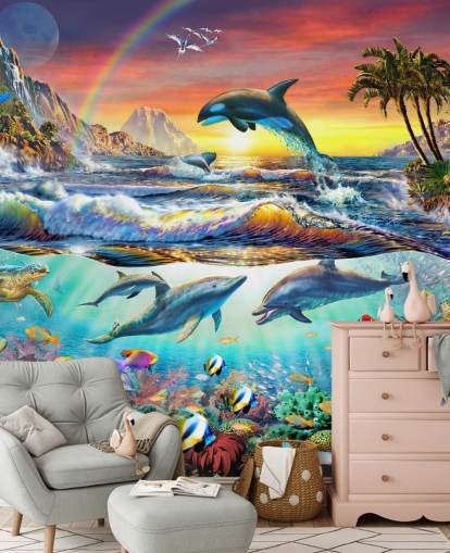 fargerikt barnetapetmaleri kalt Paradise Cove av Adrian Chesterman for barnerom og lekerom fargerikt barnetapetmaleri kalt Paradise Cove av Adrian Chesterman for barnerom og lekerom