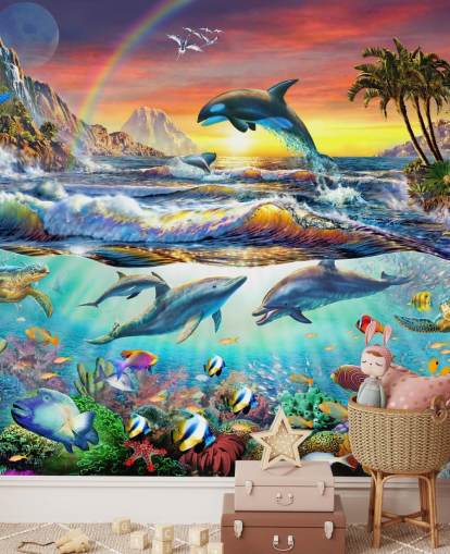 färgglada barns havstapetväggmålning som heter Paradise Cove av Adrian Chesterman för barnens sovrum och lekrum