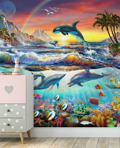 Buntes Ozean-Tapetengemälde für Kinder namens Paradise Cove von Adrian Chesterman für Kinder- und Spielzimmer