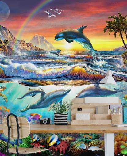 carta da parati murale colorata per bambini chiamata Paradise Cove di Adrian Chesterman per camerette e sale giochi per bambini carta da parati murale colorata per bambini chiamata Paradise Cove di Adrian Chesterman per camerette e sale giochi per bambini