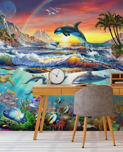 mural colorido de papel pintado oceánico para niños llamado Paradise Cove de Adrian Chesterman para dormitorios infantiles y salas de juegos