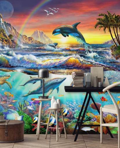 papier peint mural coloré pour enfants appelé Paradise Cove par Adrian Chesterman pour les chambres d'enfants et les salles de jeux