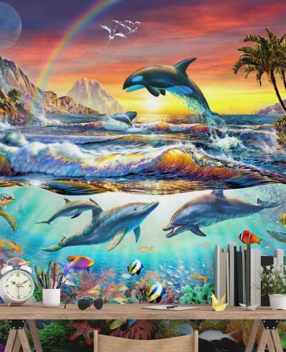mural colorido de papel pintado oceánico para niños llamado Paradise Cove de Adrian Chesterman para dormitorios infantiles y salas de juegos
