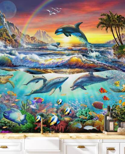 mural colorido de papel pintado oceánico para niños llamado Paradise Cove de Adrian Chesterman para dormitorios infantiles y salas de juegos