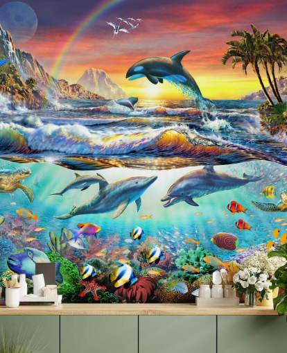 carta da parati murale colorata per bambini chiamata Paradise Cove di Adrian Chesterman per camerette e sale giochi per bambini carta da parati murale colorata per bambini chiamata Paradise Cove di Adrian Chesterman per camerette e sale giochi per bambini