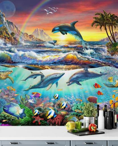mural colorido de papel pintado oceánico para niños llamado Paradise Cove de Adrian Chesterman para dormitorios infantiles y salas de juegos