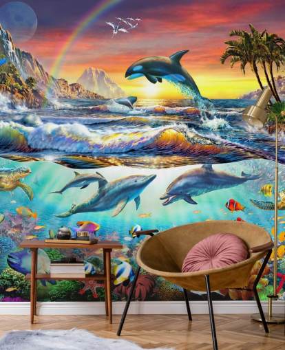 mural colorido de papel pintado oceánico para niños llamado Paradise Cove de Adrian Chesterman para dormitorios infantiles y salas de juegos