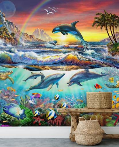 mural colorido de papel de parede oceânico infantil chamado Paradise Cove, de Adrian Chesterman, para quartos infantis e salas de jogos