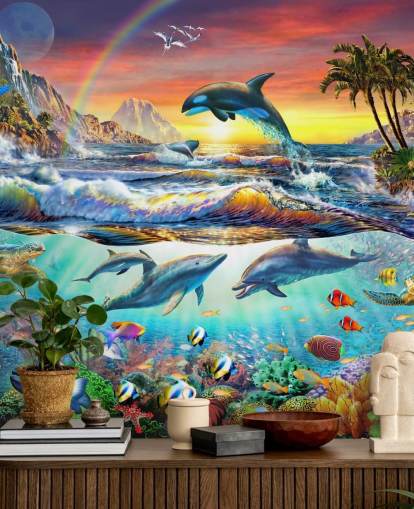 colorful kids ocean wallpaper mural called Paradise Cove by Adrian Chesterman for kids bedrooms and playrooms