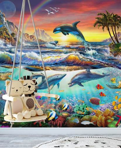 colourful kids ocean wallpaper mural called Paradise Cove by Adrian Chesterman for kids bedrooms and playrooms