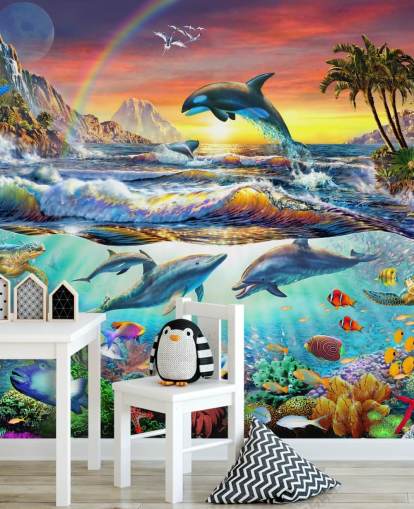 mural colorido de papel de parede oceânico infantil chamado Paradise Cove, de Adrian Chesterman, para quartos infantis e salas de jogos