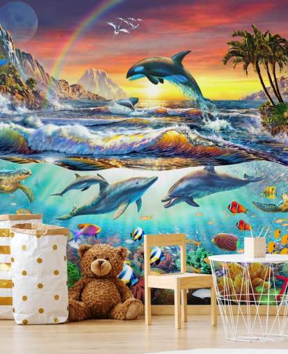 kleurrijke oceaanmuurschildering voor kinderen genaamd Paradise Cove van Adrian Chesterman voor kinderkamers en speelkamers kleurrijke oceaanmuurschildering voor kinderen genaamd Paradise Cove van Adrian Chesterman voor kinderkamers en speelkamers