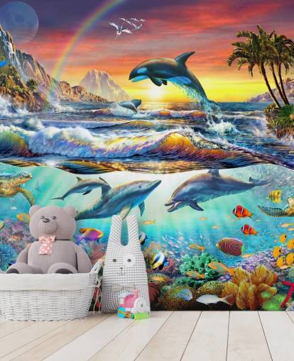 mural colorido de papel de parede oceânico infantil chamado Paradise Cove, de Adrian Chesterman, para quartos infantis e salas de jogos
